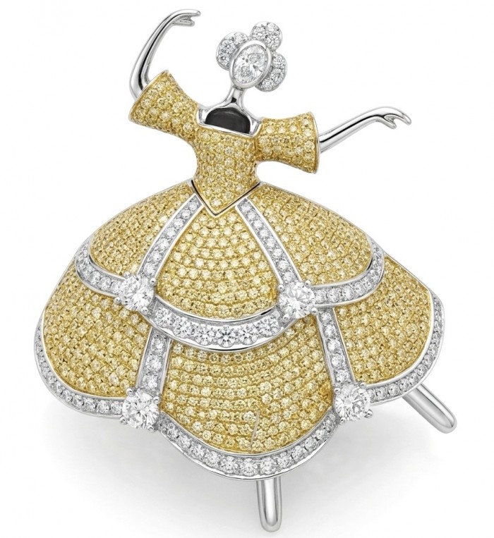 Ballerina - Precious pave 4.9 carat Moissanite 18K Gold rhodium over .925 Sterling Silver handmade Pendant - Brooch