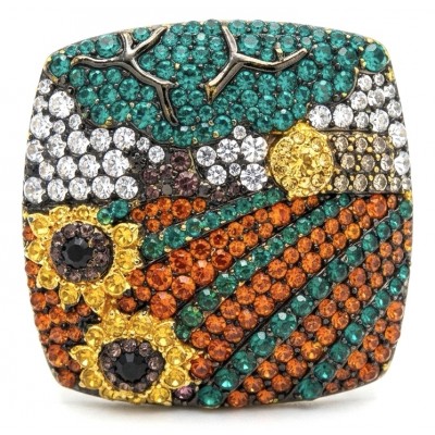 Peaceful Village - LARGE Authentic 8.8 carat pave Multigem .925 Sterling Silver brilliantly dipped in 22K Gold handcrafted Statement ring; s. 7