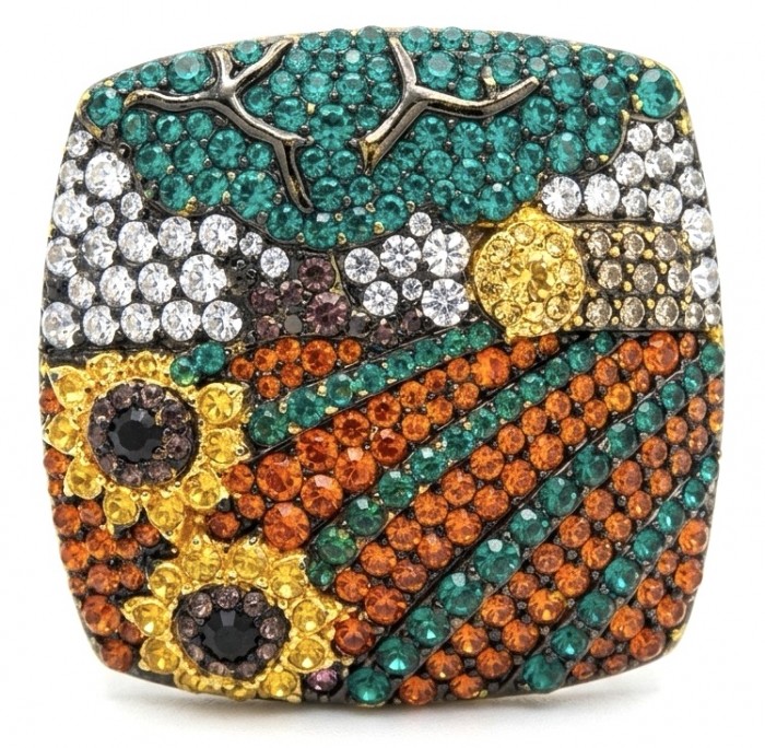 Peaceful Village - LARGE Authentic 8.8 carat pave Multigem .925 Sterling Silver brilliantly dipped in 22K Gold handcrafted Statement ring; s. 7