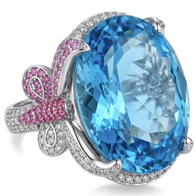 Pacifica - Authentic 30.8 carat Swiss Blue Topaz Rhodium over .925 Sterling Silver handcrafted Large Statement ring size 7 1/4