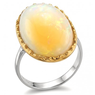 ENDLESS OCEAN 8.8 ctw Genuine White Ethiopian Opal 2 tones .925 Sterling Silver handmade Ring size 7 1/4