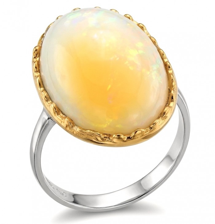 ENDLESS OCEAN 8.8 ctw Genuine White Ethiopian Opal 2 tones .925 Sterling Silver handmade Ring size 7 1/4