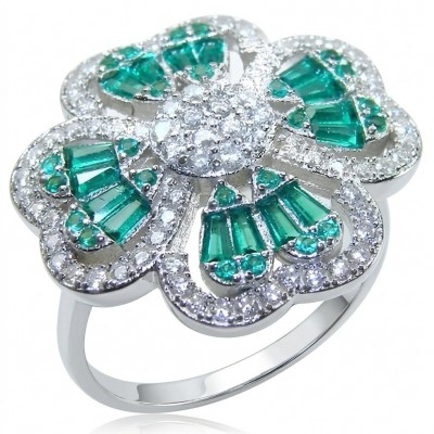 Art deco - Lucky Clover Natural 4.8 carat Colombian Emerald .925 Sterling Silver Handcrafted Cocktail Ring s. 7