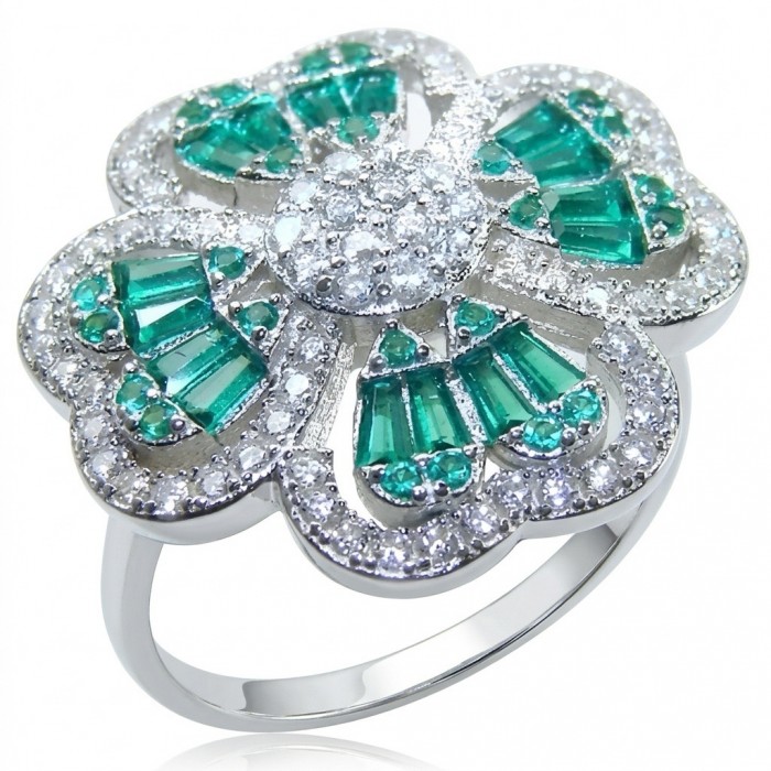 Art deco - Lucky Clover Natural 4.8 carat Colombian Emerald .925 Sterling Silver Handcrafted Cocktail Ring s. 7