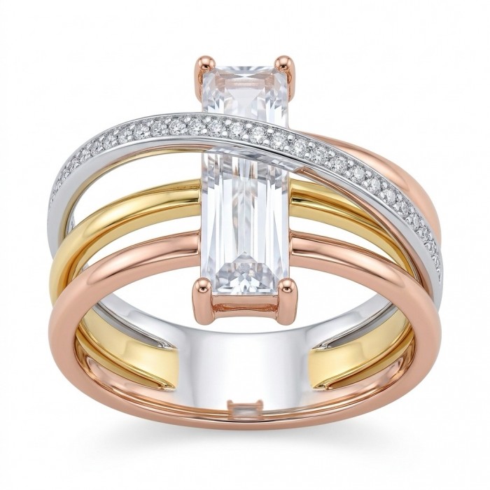 Extravaganza - Authentic 4.5 CARAT natural Moissanite 3 tones .925 Sterling Silver dipped in rhodium handcrafted Ring size 8