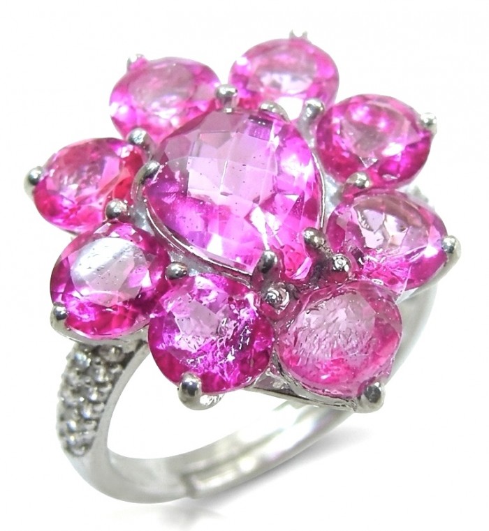Anastasia 10.8 carat Pink Sapphire .925 Sterling Silver dipped in Rhodium Handcrafted Statement Ring size 7