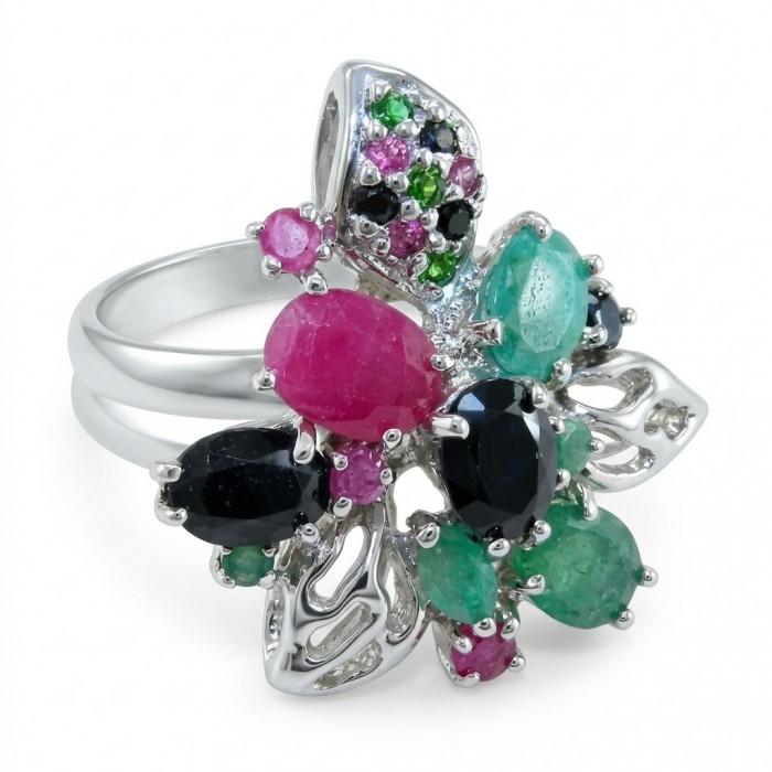 Giovanna 22.5 carat Emerald Ruby Sapphire rhodium over .925 Sterling Silver handcrafted ring size 7