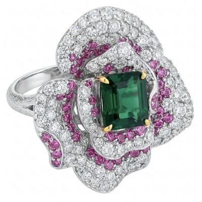 Rose Authentic 4.8 carat Emerald 1.9 carat pave Kasmir Ruby .925 Sterling Silver brilliantly dipped in rhodium 2 tones handcrafted Statement ring; s. 6