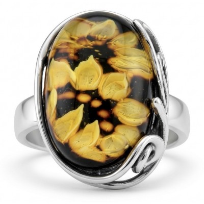 Beautiful Authentic Funflowers carved Baltic Amber .925 Sterling Silver handcrafted ring; s. 7 adjustable