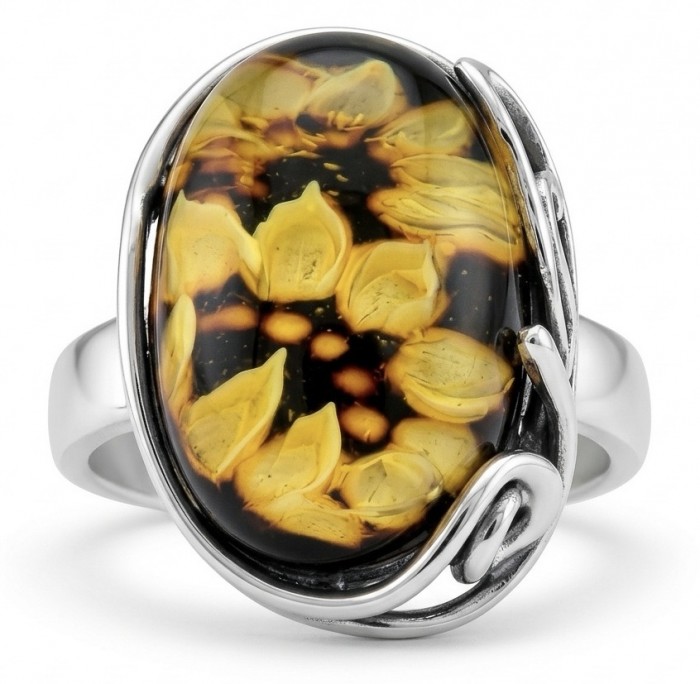 Beautiful Authentic Funflowers carved Baltic Amber .925 Sterling Silver handcrafted ring; s. 7 adjustable