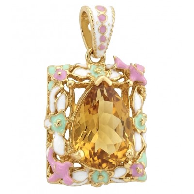 Paradise 15.4 carat Lemon Quartz Enamel 18K Gold over .925 Sterling Silver handcrafted pendant