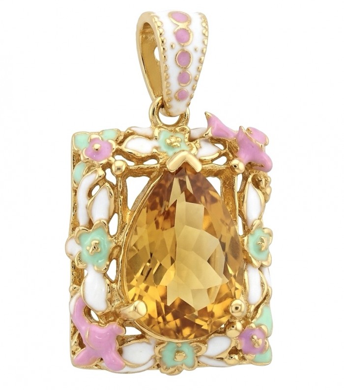 Paradise 15.4 carat Lemon Quartz Enamel 18K Gold over .925 Sterling Silver handcrafted pendant