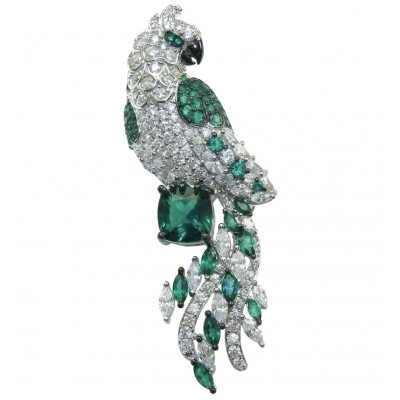Exotic Parrot - 7.8 carat Emerald 2.9 carat pave Moissanite rhodium over .925 Sterling Silver rhodium over handcrafted Brooch