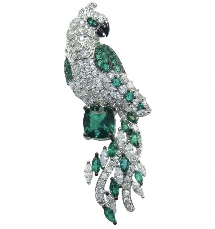 Exotic Parrot - 7.8 carat Emerald 2.9 carat pave Moissanite rhodium over .925 Sterling Silver rhodium over handcrafted Brooch