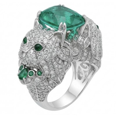 Elegant luxurious Cats 8.9 carat Colombian Emerald 2.1 carat Moissanite rhodium over .925 Silver handcrafted Cocktail Ring s. 8