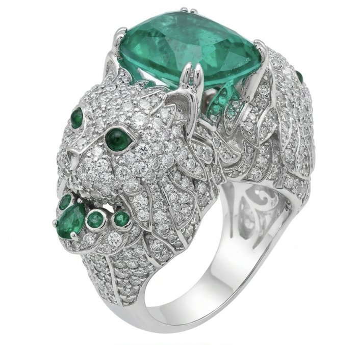 Elegant luxurious Cats 8.9 carat Colombian Emerald 2.1 carat Moissanite rhodium over .925 Silver handcrafted Cocktail Ring s. 8 - video