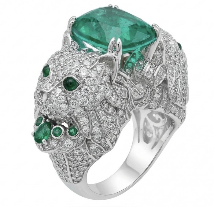 Elegant luxurious Cats 8.9 carat Colombian Emerald 2.1 carat Moissanite rhodium over .925 Silver handcrafted Cocktail Ring s. 8