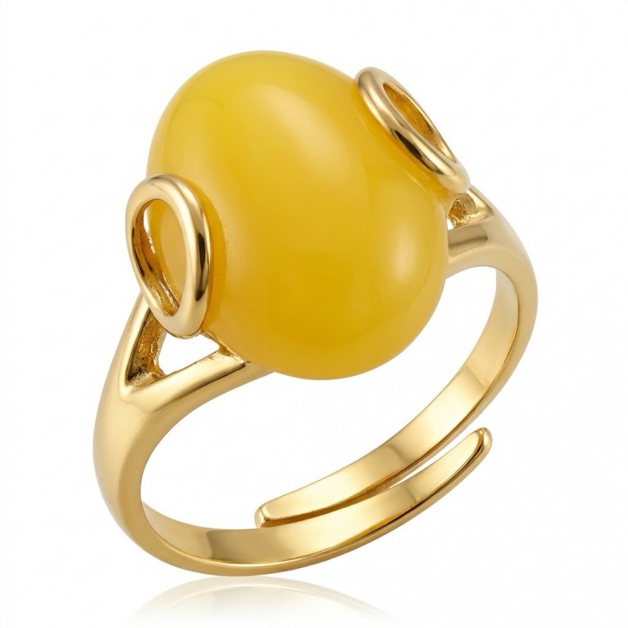 Vintage Style Authentic Golden Butterscotch Baltic Amber 18K Gold over .925 Sterling Silver entirely handcrafted ring; s. 6