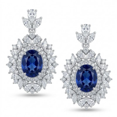 Giuseppina - Authentic 7.5 carat Sapphire 4.9 cartra Moissanite rhodium over .925 Sterling Silver handcrafted Statement earrings
