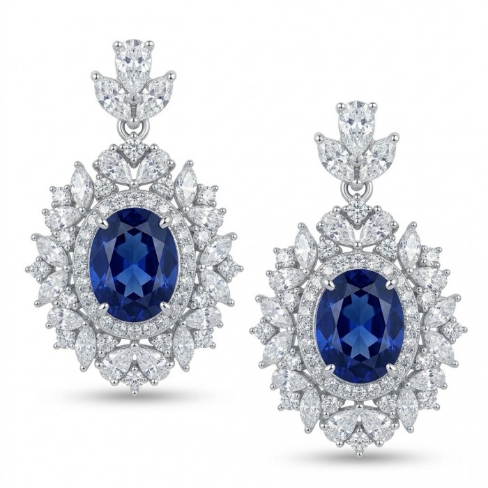 Giuseppina - Authentic 7.5 carat Sapphire 4.9 cartra Moissanite rhodium over .925 Sterling Silver handcrafted Statement earrings