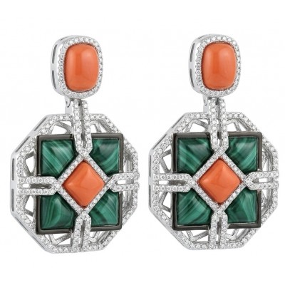 Art Deco Genuine Orange Fossilized Coral inlay Malachite rhodium over .925 Sterling Silver handmade earrings
