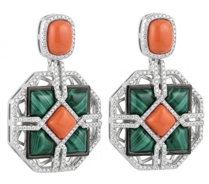 Art Deco Genuine Orange Fossilized Coral inlay Malachite rhodium over .925 Sterling Silver handmade earrings
