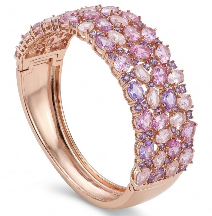Luxurious 45.4 carat Pink Sapphire 1.8 carat Tanzanite 8.2 carat Rose Quartz 22K real ROSE Gold over .925 Sterling Silver handcrafted Bracelet