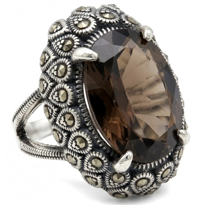 Serenity 19.5 carat Champagne Smoky Topaz rhodium over .925 Sterling Silver HUGE Ring size 8