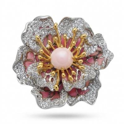 Black Label Collection - Retro Style - Rose Genuine PINK OPAL Enamel .925 Sterling Silver dipped in rhodium handmade Pendant - Brooch