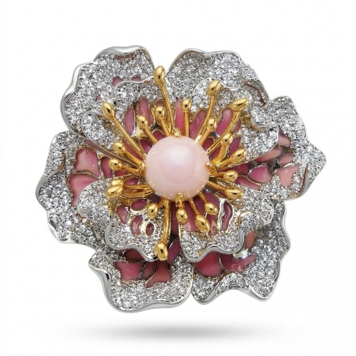 Black Label Collection - Retro Style - Rose Genuine PINK OPAL Enamel .925 Sterling Silver dipped in rhodium handmade Pendant - Brooch