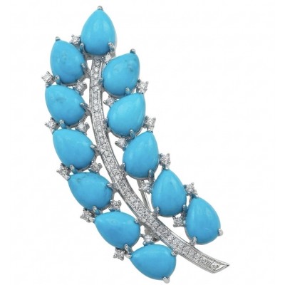 Genuine INLAY Turquoise Morissanite rhodium over .925 Sterling Silver handmade Brooch