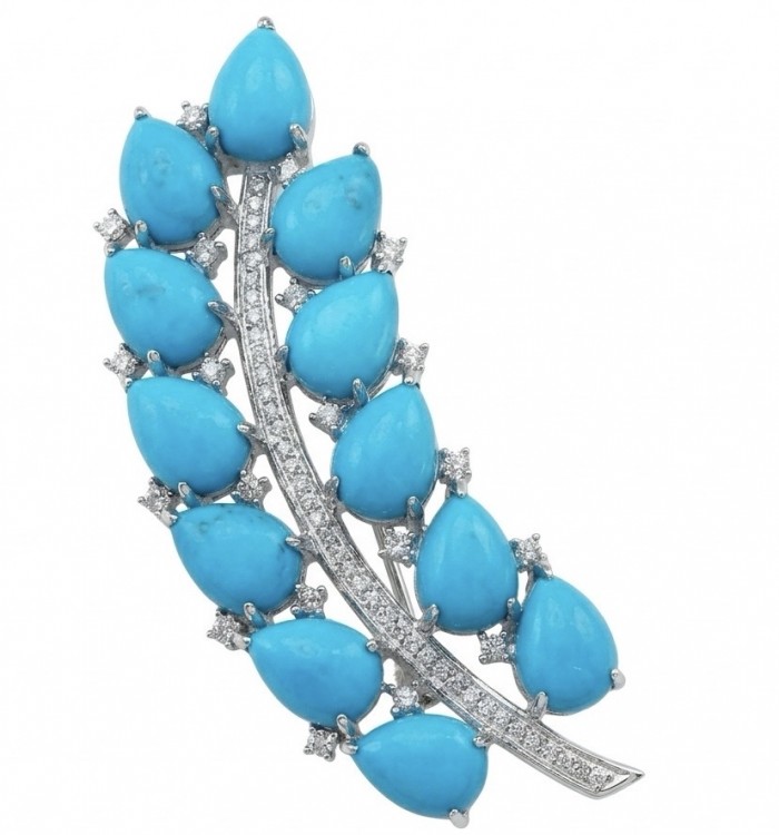 Genuine INLAY Turquoise Morissanite rhodium over .925 Sterling Silver handmade Brooch