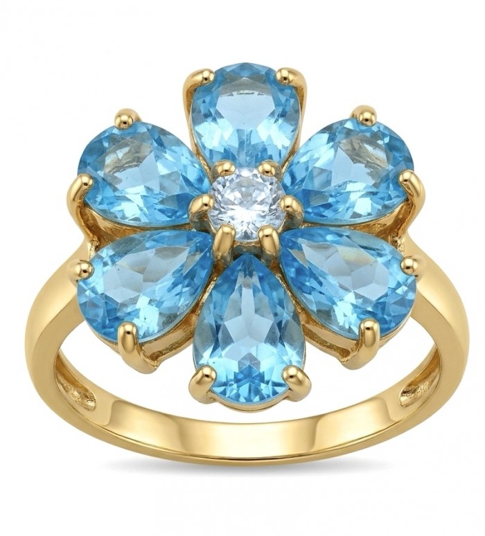 Forget -Me- Not Petal 6.5 carat genuine Swiss Blue Topaz 18K Gold over .925 Sterling Silver handmade Statement Ring size 8