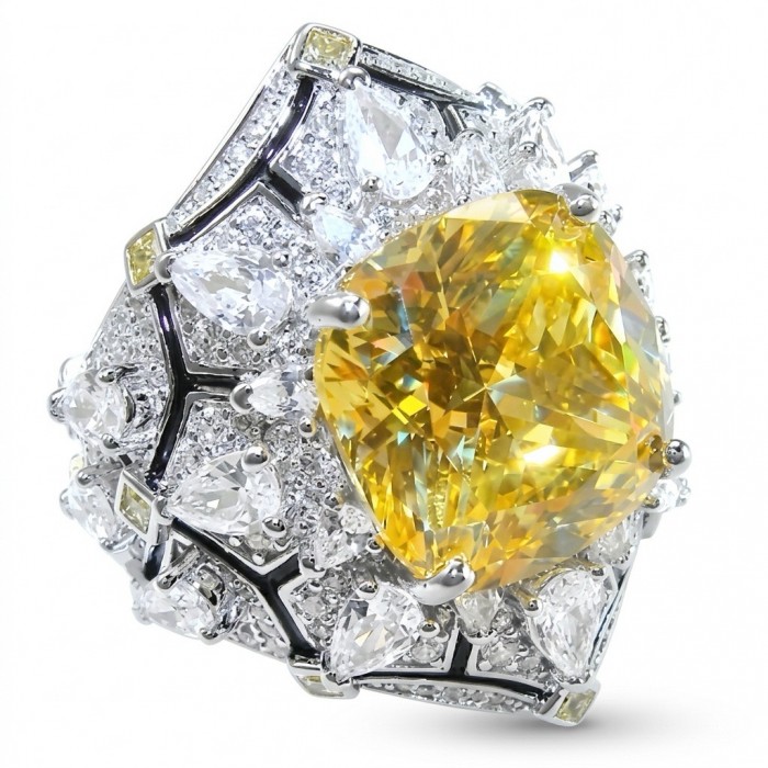 Luxurious asscher cut 18.5 carat Yellow Sapphire rhodium over .925 Sterling Silver handcrafted ring size 6 3/4