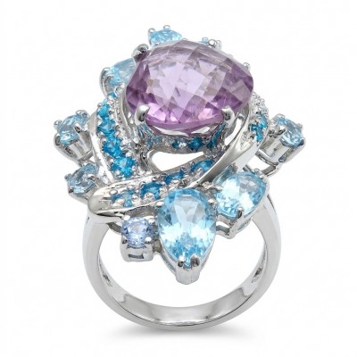 RARE BEAUTY! Valentina 15.9 carat Amethyst .925 Sterling Silver dipped in rhodium Statement Handcrafted Ring size 6