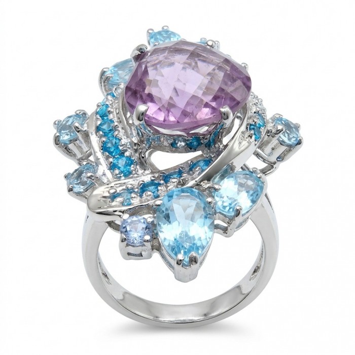 RARE BEAUTY! Valentina 15.9 carat Amethyst .925 Sterling Silver dipped in rhodium Statement Handcrafted Ring size 6