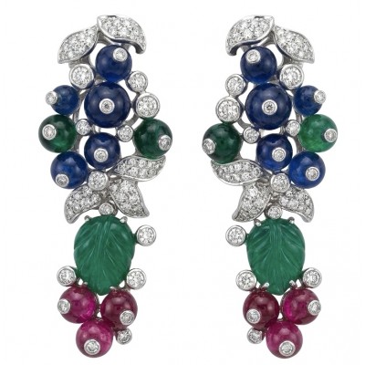 RARE BEAUTY! Valentina 16.2 carat CARVED Ruby Emerald Sapphire .925 Sterling Silver dipped in rhodium Statement handcrafted earrings