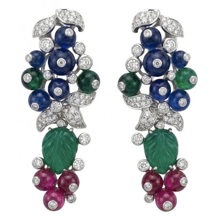 RARE BEAUTY! Valentina 16.2 carat CARVED Ruby Emerald Sapphire .925 Sterling Silver dipped in rhodium Statement handcrafted earrings - video
