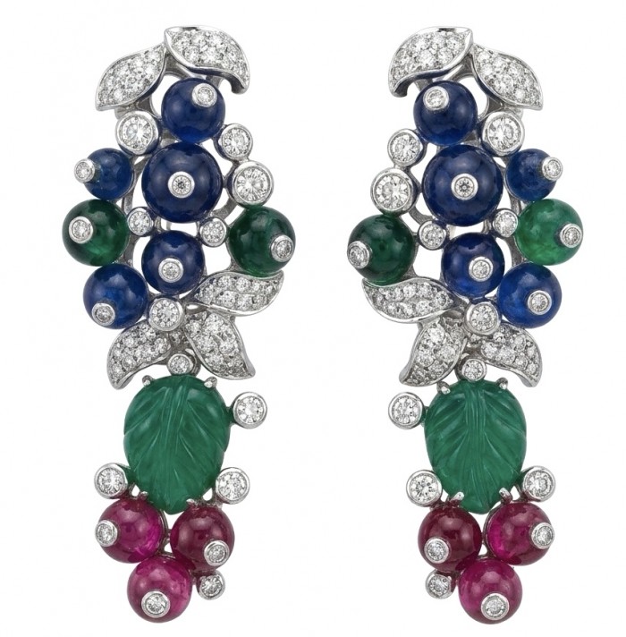RARE BEAUTY! Valentina 16.2 carat CARVED Ruby Emerald Sapphire .925 Sterling Silver dipped in rhodium Statement handcrafted earrings