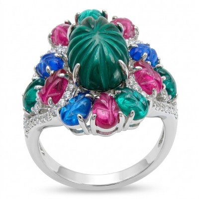 Giovanna 15.5 carat Emerald Ruby Sapphire rhodium over .925 Sterling Silver handcrafted ring size 7 1/2