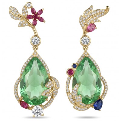 Floral design - 24.5 carat Green Topaz 14K Gold over .925 Sterling Silver handmade Statement earrings