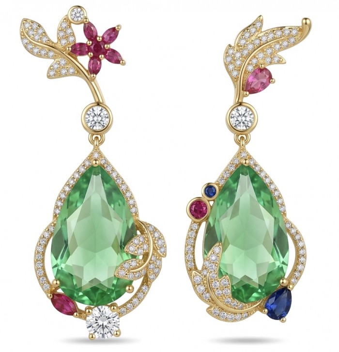 Floral design - 24.5 carat Green Topaz 14K Gold over .925 Sterling Silver handmade Statement earrings