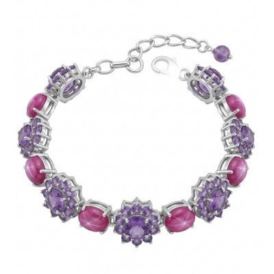 Bella Rosa - 14.4 carat authentic Mozambique Ruby 12.1 carat Amethyst .925 Sterling Silver dipped in rhodium Gold handcrafted Bracelet