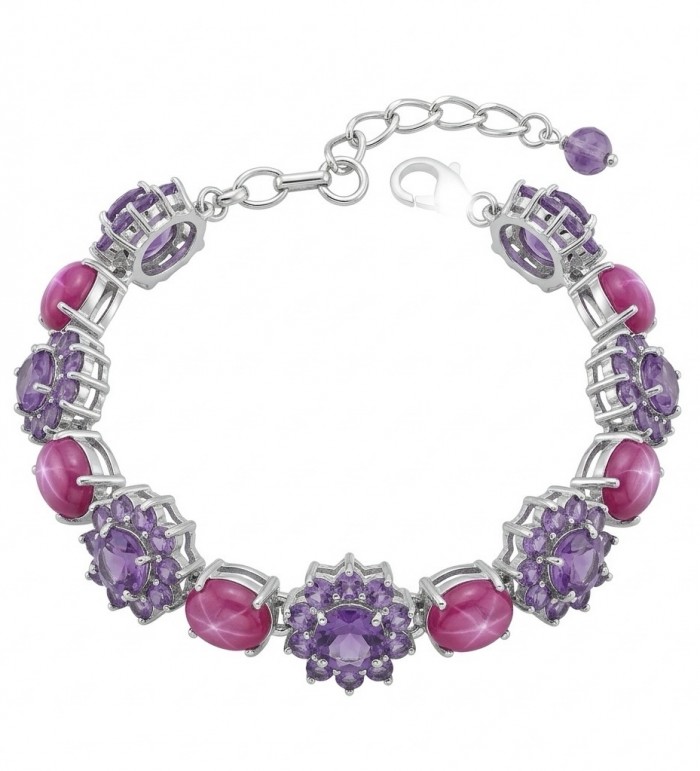 Bella Rosa - 14.4 carat authentic Mozambique Ruby 12.1 carat Amethyst .925 Sterling Silver dipped in rhodium Gold handcrafted Bracelet