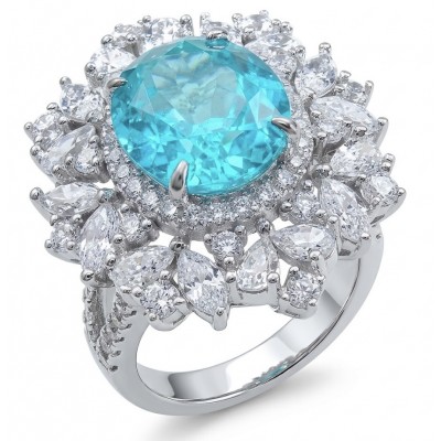 Elizabeth 6.4 carat Paraiba Tourmaline 7.2 carat Moissanite .925 Sterling Silver Handcrafted Ring size 6