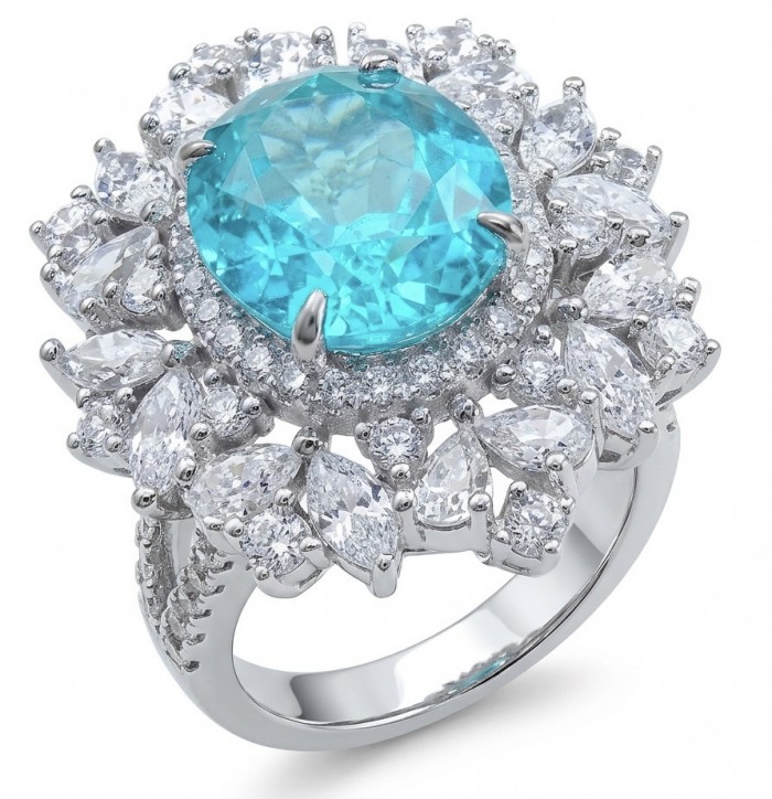 Elizabeth 6.4 carat Paraiba Tourmaline 7.2 carat Moissanite .925 Sterling Silver Handcrafted Ring size 6