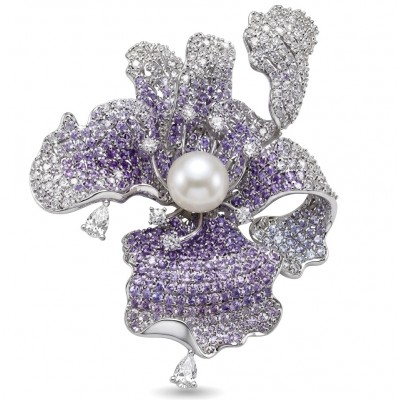 Black Label Collection - Retro Style - Rose Genuine Pearl 7.5 carat pave Amethyst .925 Sterling Silver dipped in rhodium handmade Pendant - Brooch