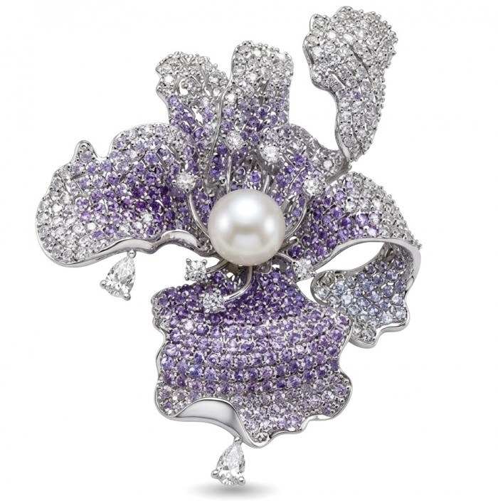 Black Label Collection - Retro Style - Rose Genuine Pearl 7.5 carat pave Amethyst .925 Sterling Silver dipped in rhodium handmade Pendant - Brooch