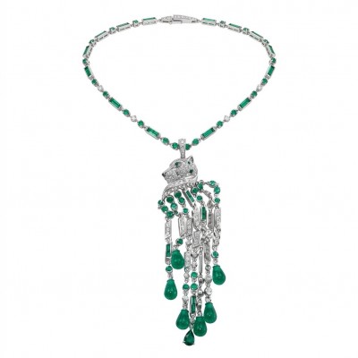 Cheetah 5.9 carat Emerald 3.5 carat Moissanite .925 Sterling Silver handcrafted Statement Necklace; 28 inches long