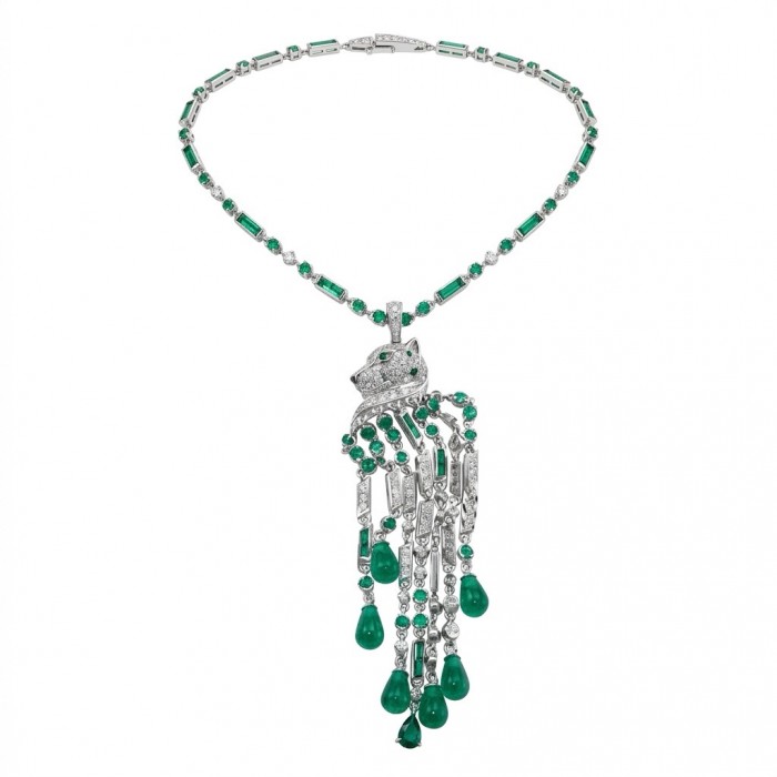 Cheetah 5.9 carat Emerald 3.5 carat Moissanite .925 Sterling Silver handcrafted Statement Necklace; 28 inches long